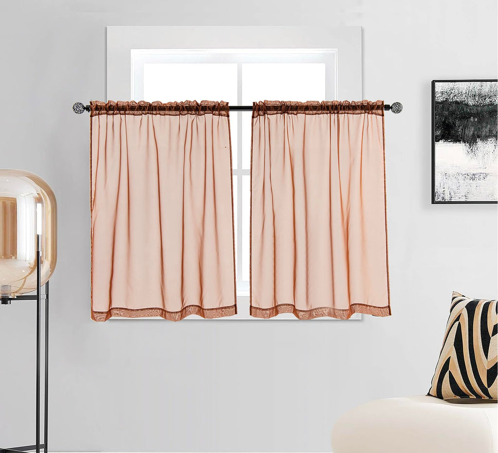Pi Sheer Curtains,Small Window Treatment Light Voile With Rod Pocket For Café/Kitchen/Bedroom/Living Room 2 Panels (W42Xl45,Caramel Brown)