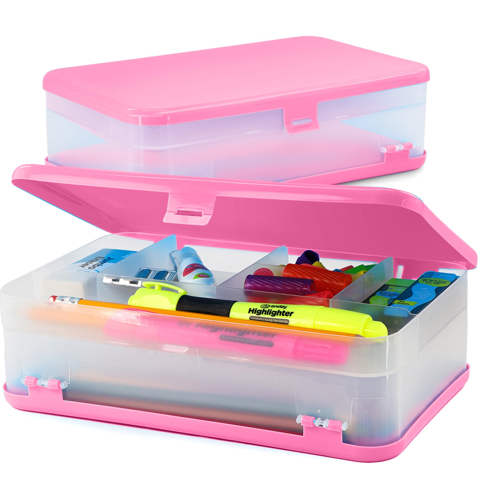 Enday Pencil Box Pink, Large Capacity Plastic Double Deck Box With 12 ...