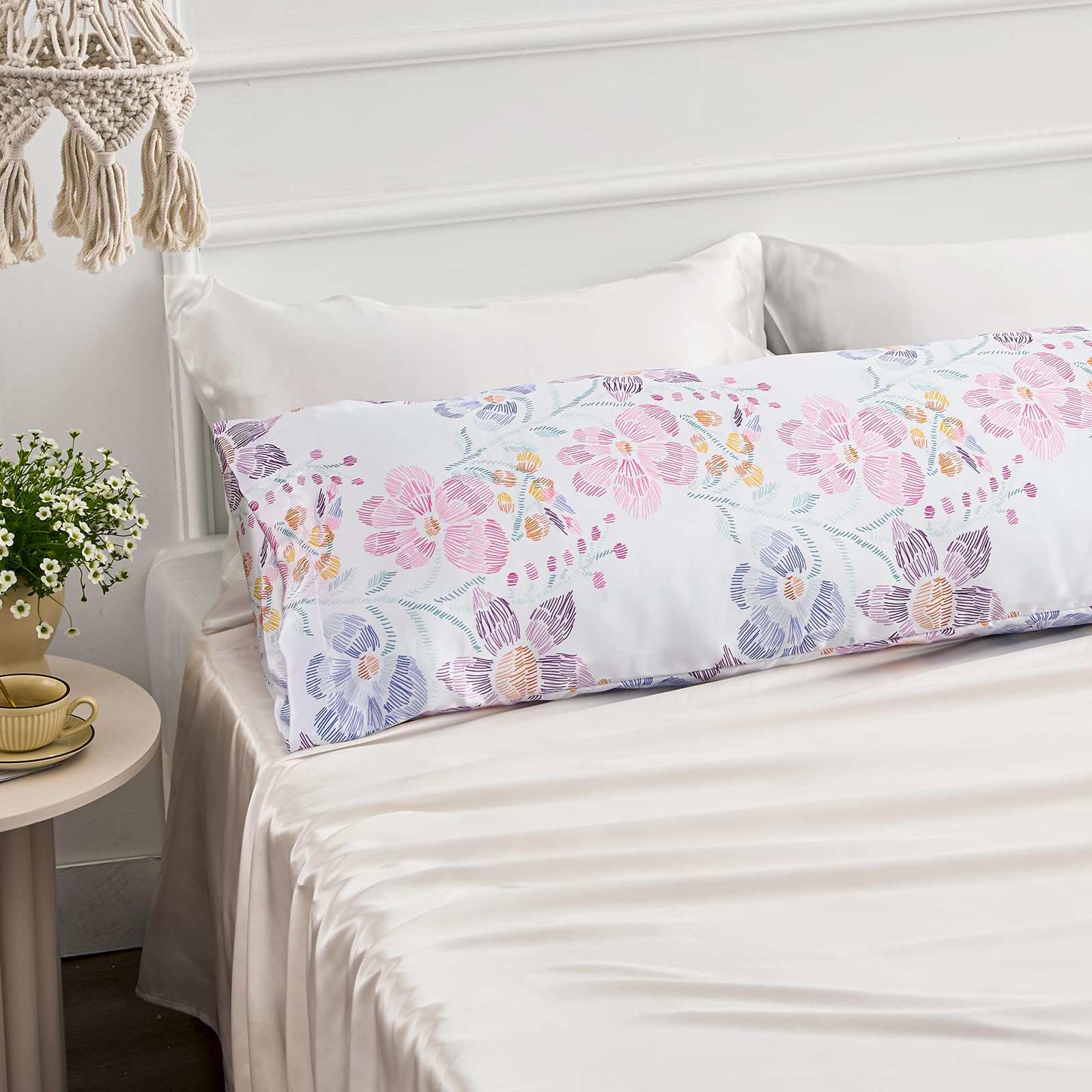 Exq Home Satin Pillowcase For Hair And Skin Body- Multicolor Printed Flower Silk Pillowcase 20X54 Inches - Body Pillow Cases Wit