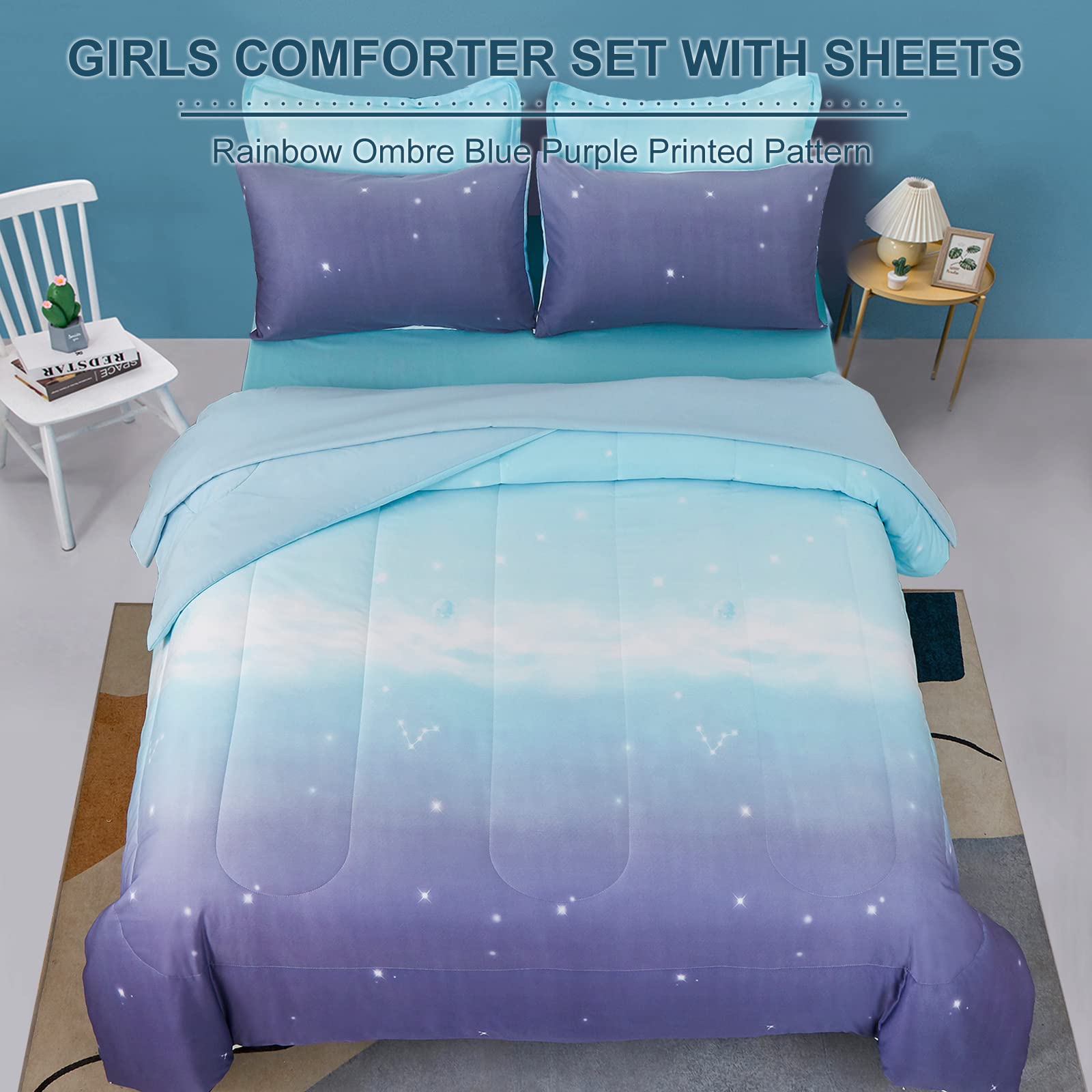 Dinjoy Girls Women Comforter Set King Size Ombre Blue Purple Rainbow Bedding Set 7 Pieces Bed In A Bag For Teen Adult (1 Comfort