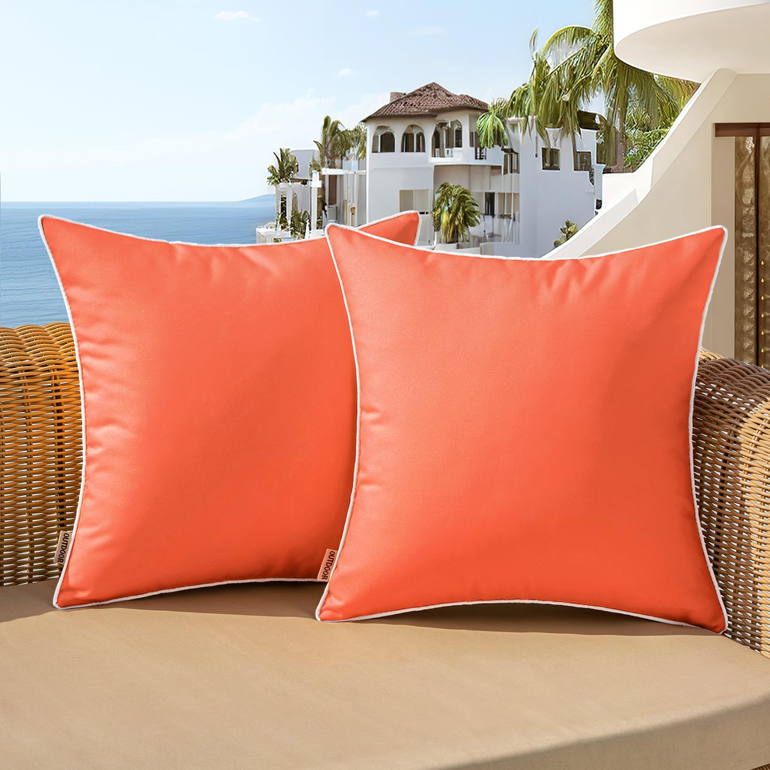 Woaboy Set Of 2 Outdoor Waterproof Pillow Covers 16X16 Inch Coral Red Decorative Throw Pillows Square Solid Color Couch Pillowca