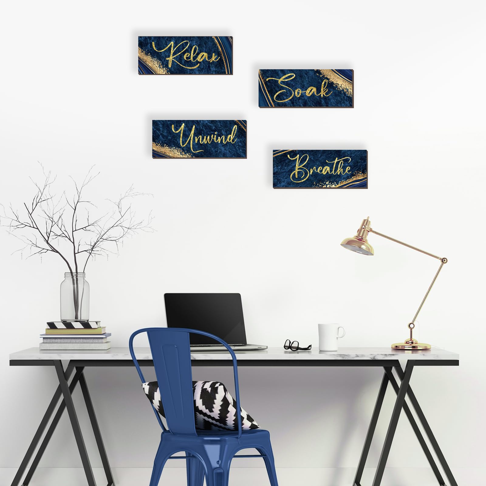 Onizhity 4 Pcs Blue And Gold Bathroom Decor Navy Blue Gold Wall Decor Relax Soak Unwind Breathe Wooden Rustic Marble Style Versa