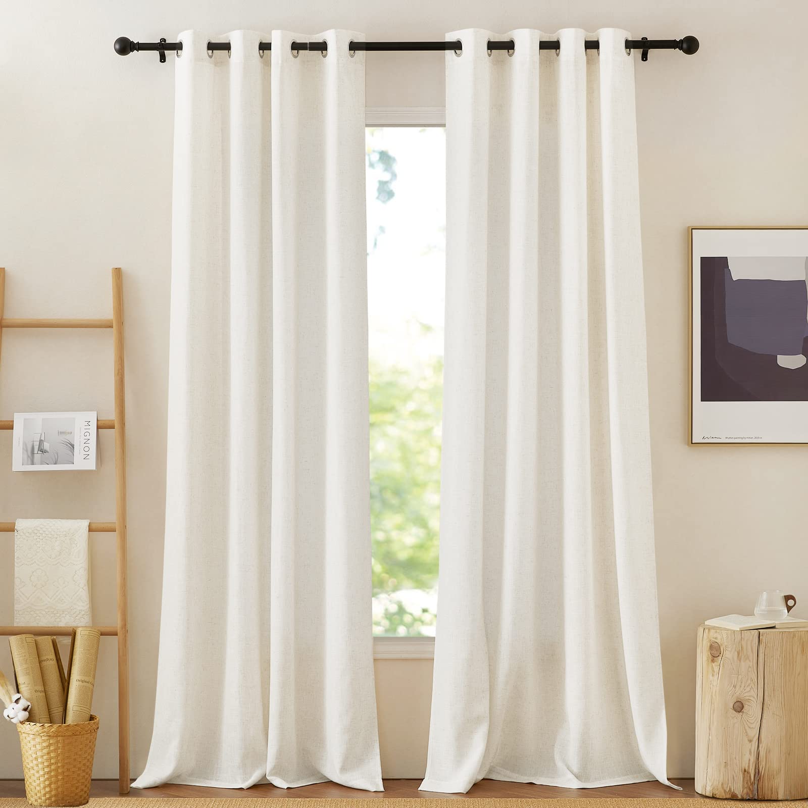 Nicetown Linen Burlap Curtains Extra Long 120 Inch, Grommet Privacy With Light Filtering Semi Sheer Curtains & Drapes Linen Blen
