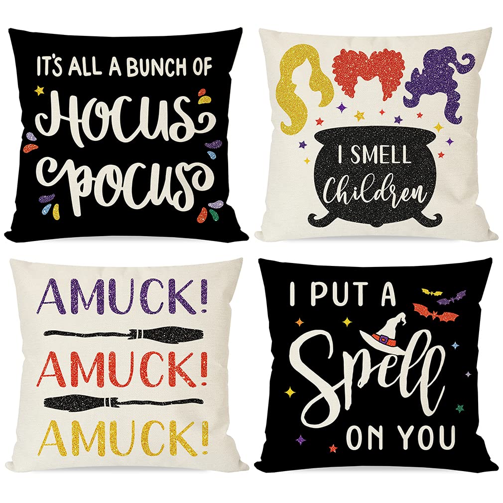 Pandicorn Halloween Hocus Pocus Pillow Covers 18X18 Set Of 4 Sanderson Sisters I Smell Children Amuck Fall Halloween Decorations