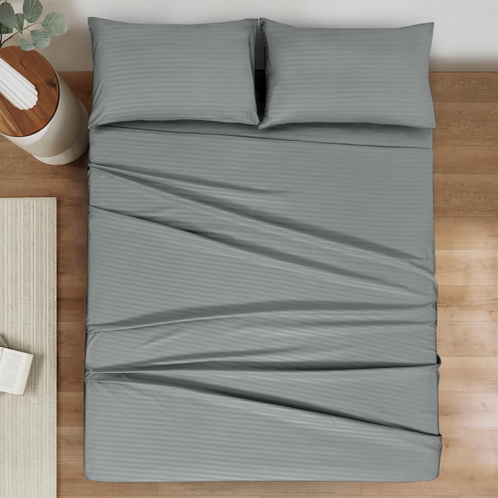Mejoroom Striped Grey-01 1800 Thread Count Queen Sheet Set - Hypoallergenic, Deep Pocket, Breathable, Wrinkle & Stain Resistant
