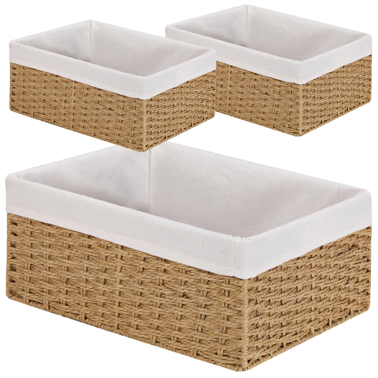 Vagusicc Wicker Storage Basket, 3-Pack Woven Paper Rope Wicker Baskets with Handles, Large Wicker Basket Cube Storage Bins with 