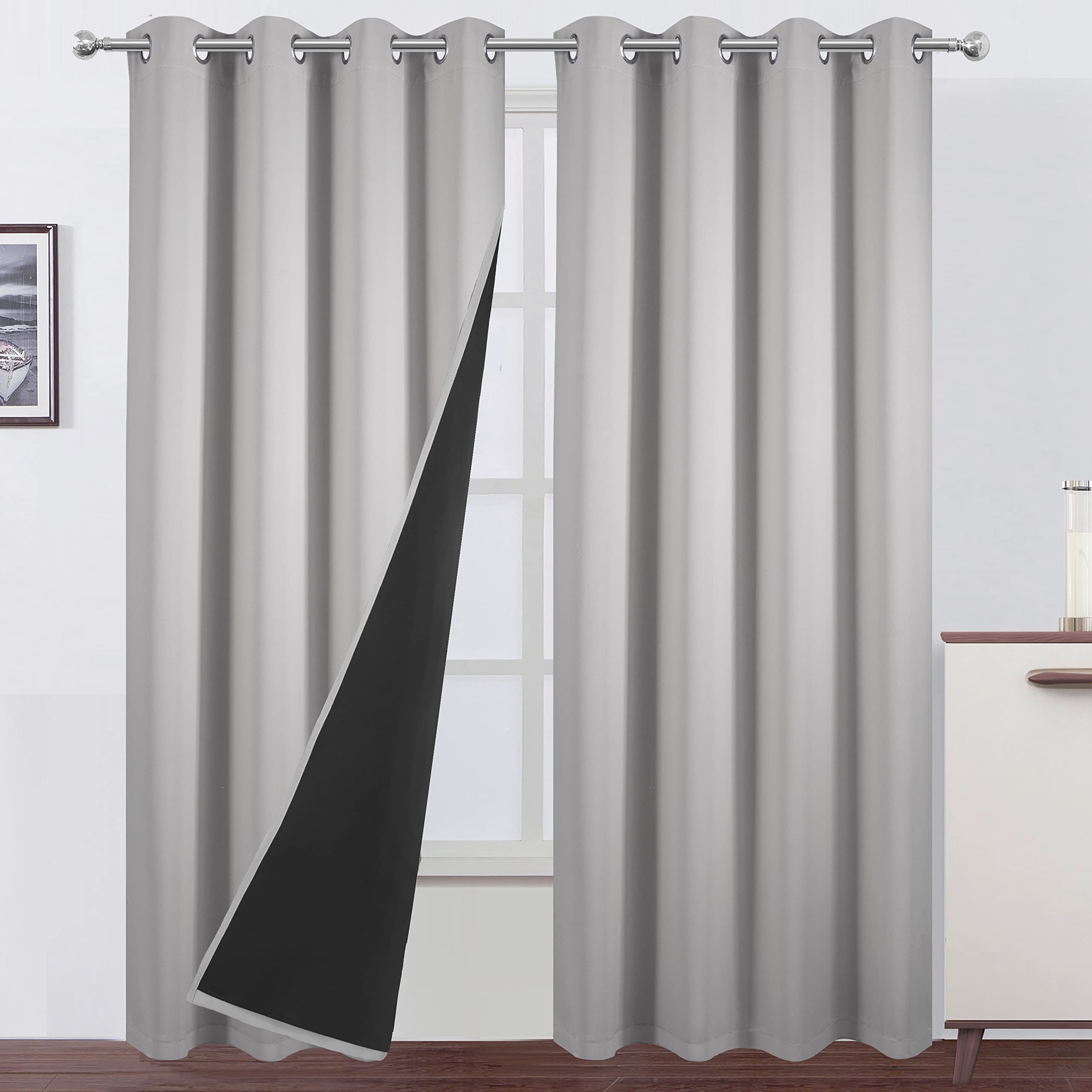 Lemomo 100% Blackout Curtains 52 X 84 Inch/Light Grey Curtains 2 Panels With Black Lining Room Darkening Thermal Insulated Bedro