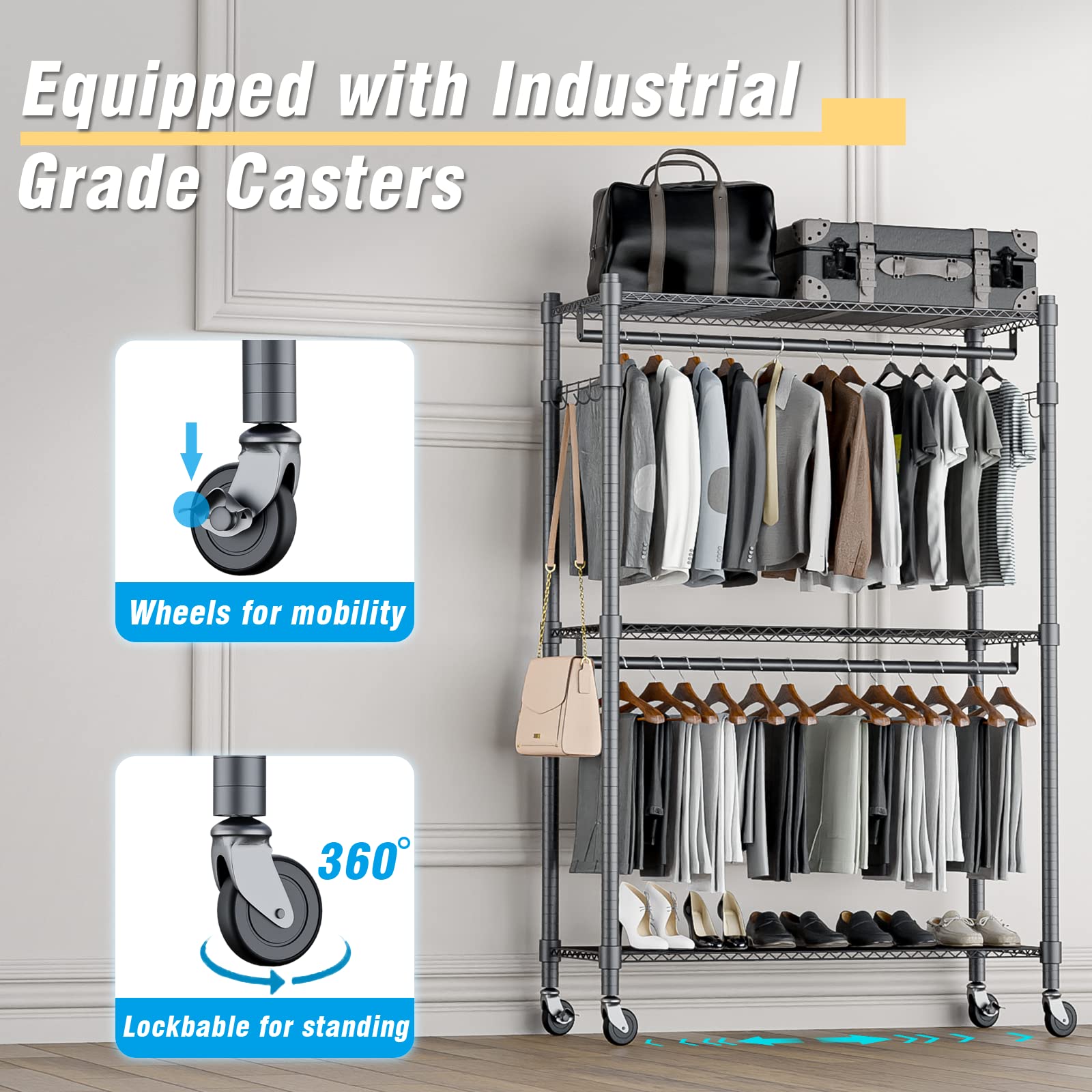 Homdox 3 Shelves Wire Shelving Clothing Rolling Rack Heavy Duty Commercial Grade Garment Rack With Wheels And Side Hooks (One Pa