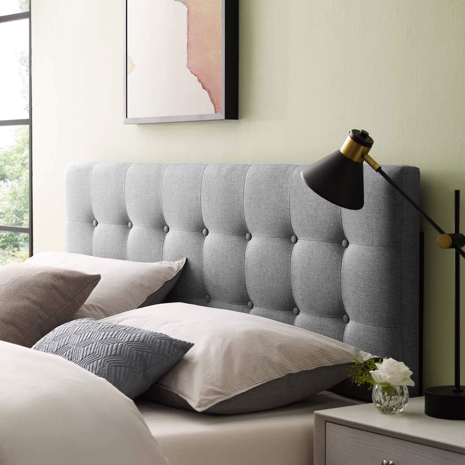 Modway Emily Tufted Button Linen Fabric Upholstered King Headboard in Gray