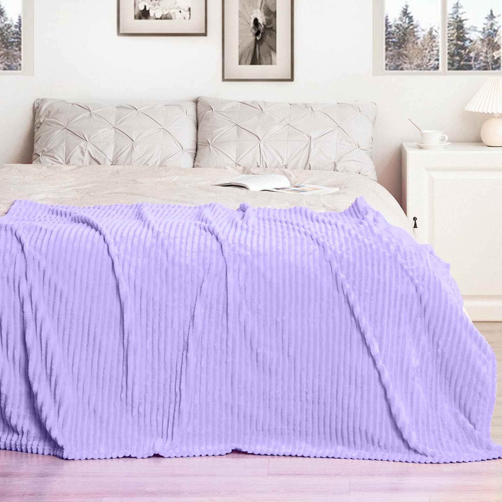 Vessia Flannel Fleece Striped Bed Blanket Twin Size(60X80Inch,Lavender), 300Gsm Microfiber Light Purple Comfy Blanket, Soft Warm