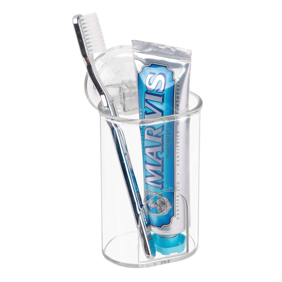 InterDesign Power Lock Suction Toothbrush, Toothpaste, Spin Toothbrush & Razor Holder for Bathroom Vanity or Countertop  Clear