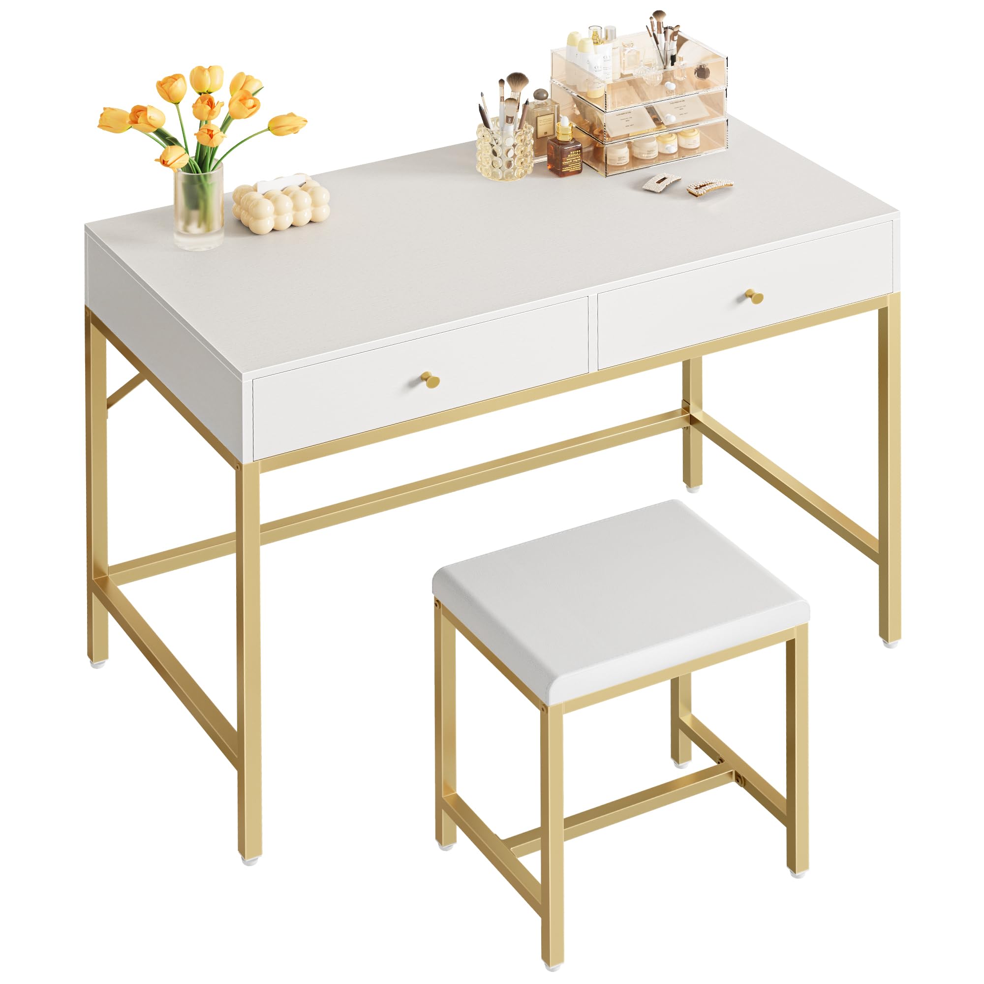 Superjare 35.4' White And Gold Desk With 2 Drawers, Modern Makeup Vanity Desk With Padded Stool, Small Computer Desk Home Office Desk For Writing Study Bedroom