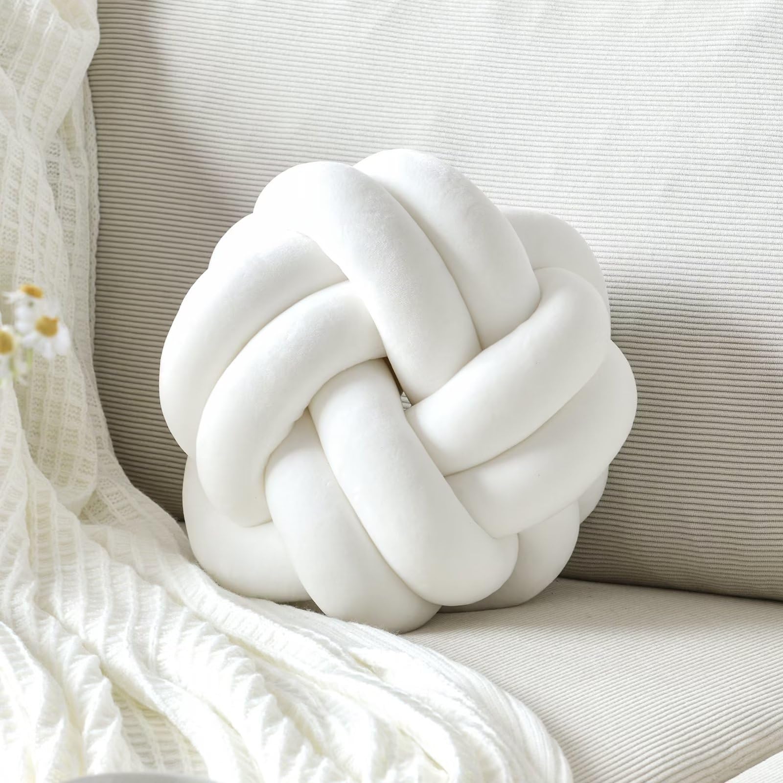 Vbgya Knot Pillow Ball, Soft Decorative Throw Pillows Cushion, 11 Inch Round Plush Knotted Pillows White Pillow, Modern Home Thr