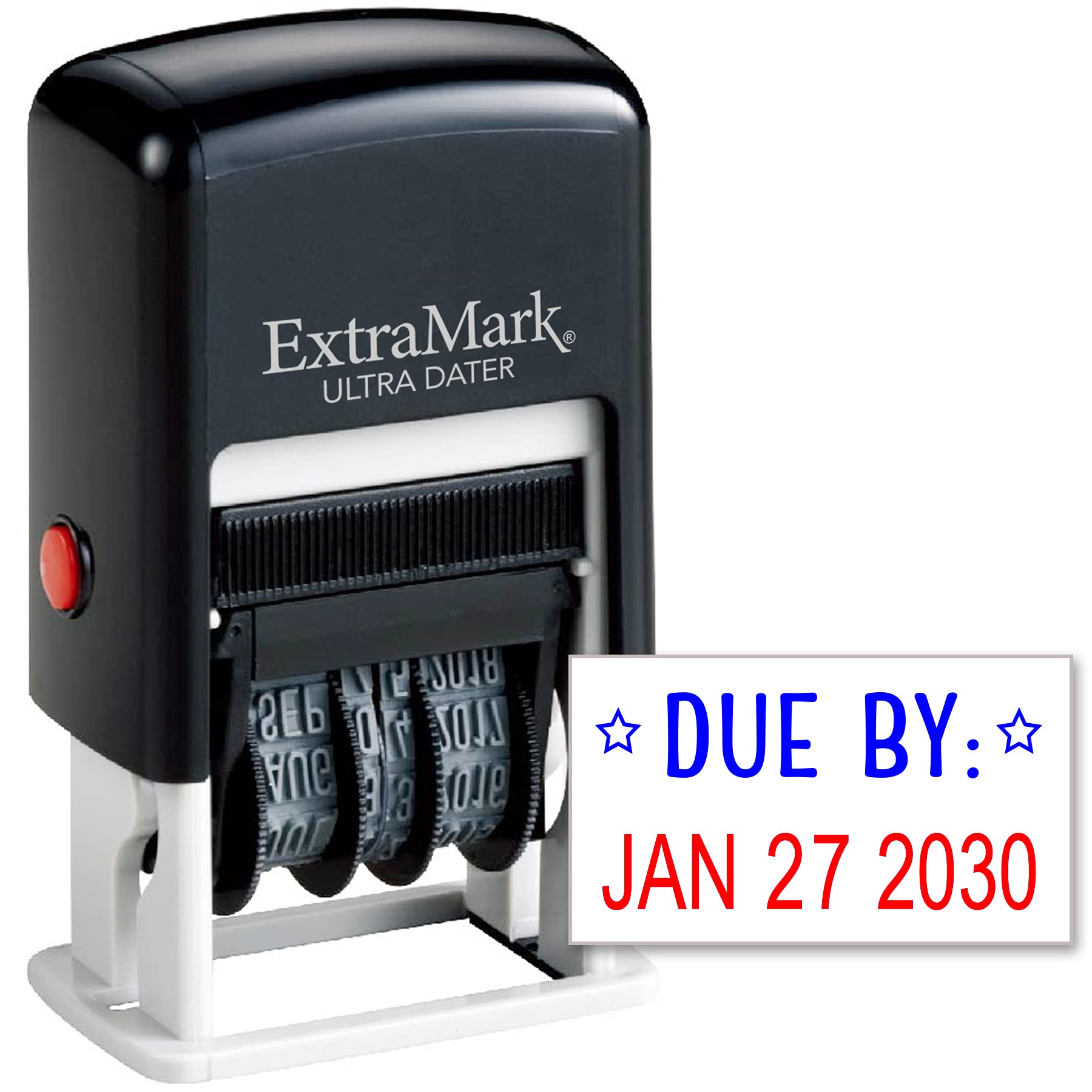 Extramark Ultra Dater Self-Inking Rubber Date Office Stamp With Due By: Phrase & Date - Style 2, Blue/Red Ink, 12-Year Band