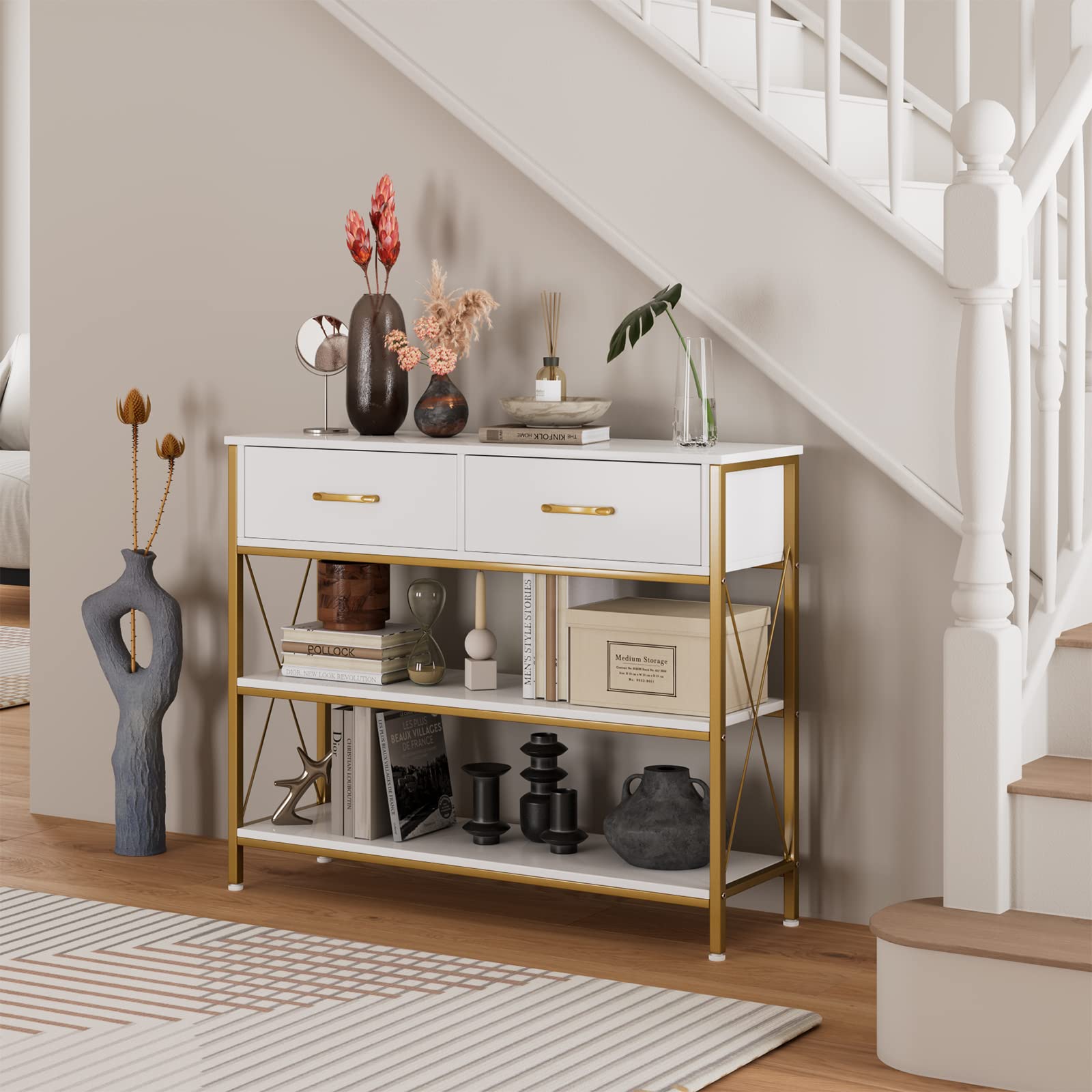 Hithos Industrial Console Table With Drawers, Vintage Hallway Foyer Table With Storage Shelves, Narrow Long Sofa Entryway Table For Living Room, White/Gold