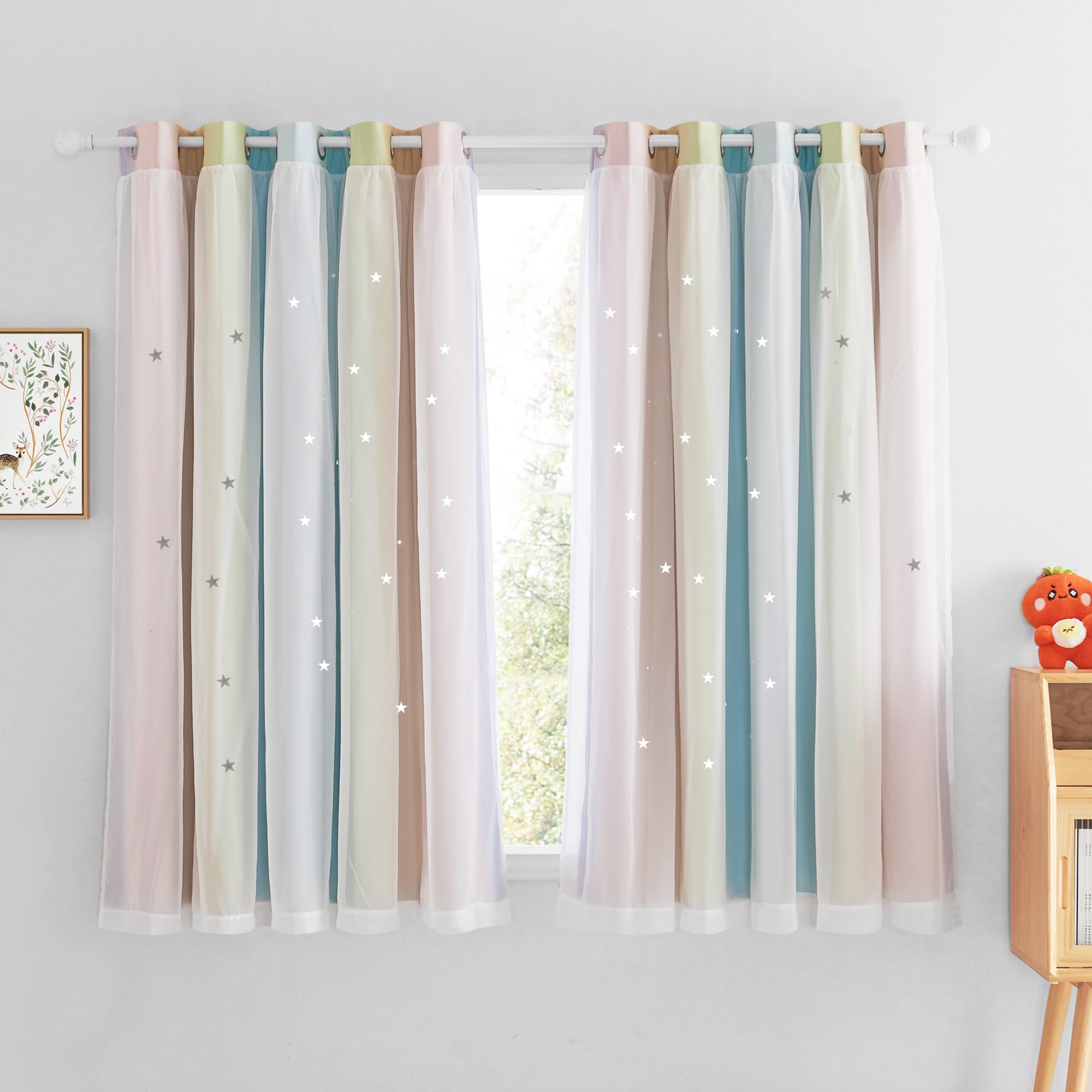 Nicetown Living Room Curtains For Home Decor, Rainbow Star Cutout Curtains For Girls Bedroom Kids Curtains For Nursery, Extra Wi