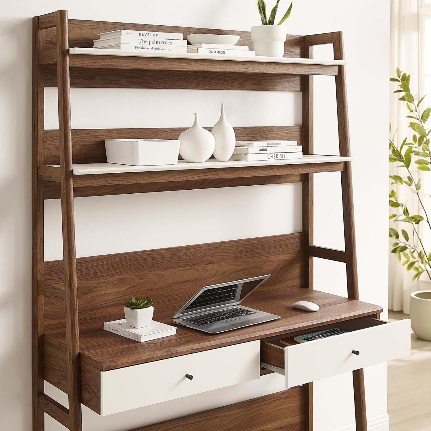 Modway Bixby Home Office Desk With Bookshelf In Walnut White