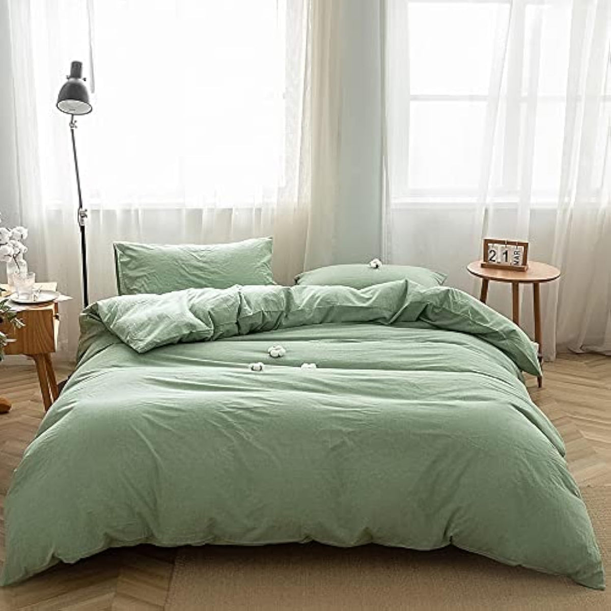 Face Two Face Bedding Duvet Cover Set100% Washed Cotton Duvet Cover Linen Like Textured Breathable Durable Soft Comfy(Full, Green)