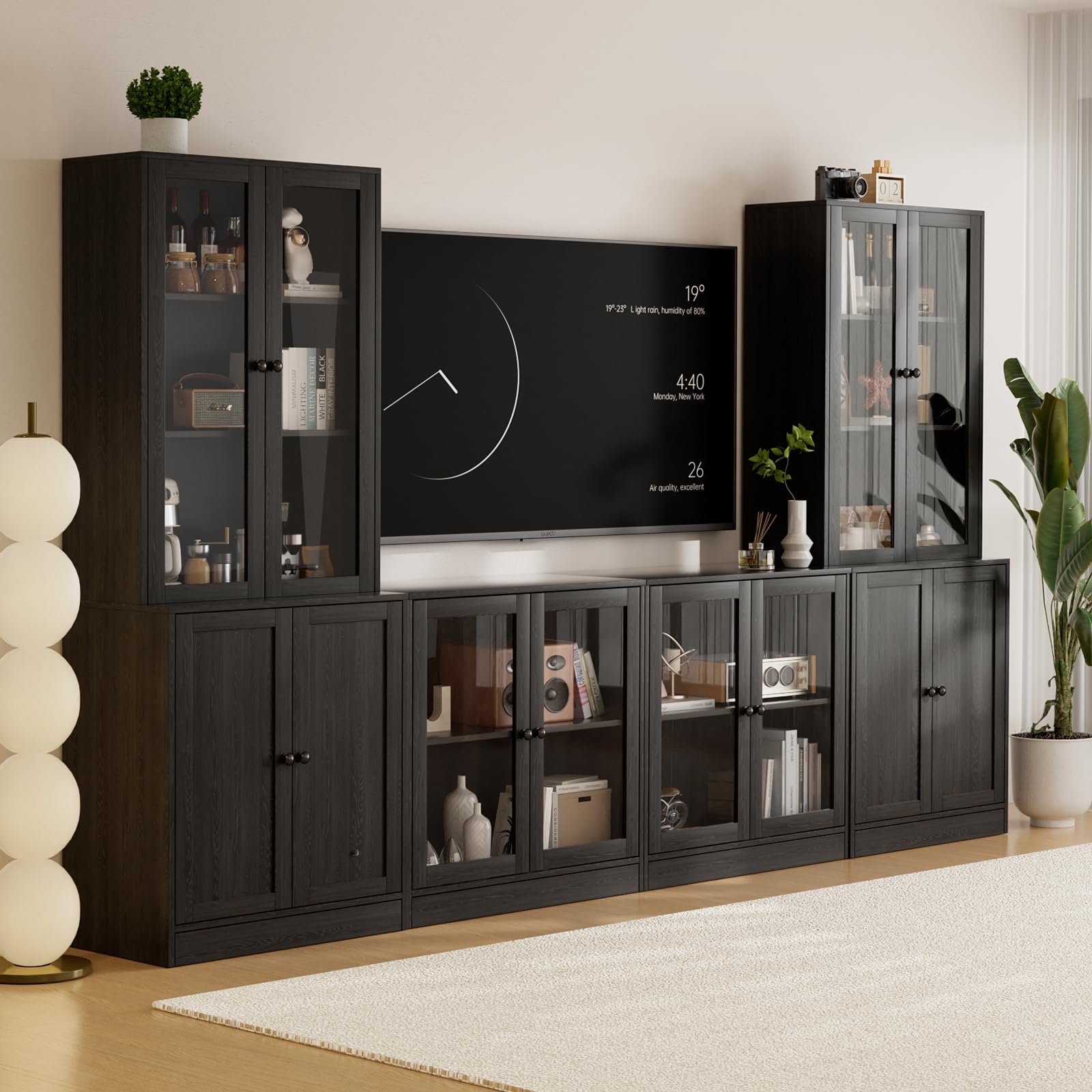 TUSY 4-Piece Large TV Stand with Bookshelves for TVs up to 75 , TV Entertainment Center Media Center with Tempered Glass Doors a
