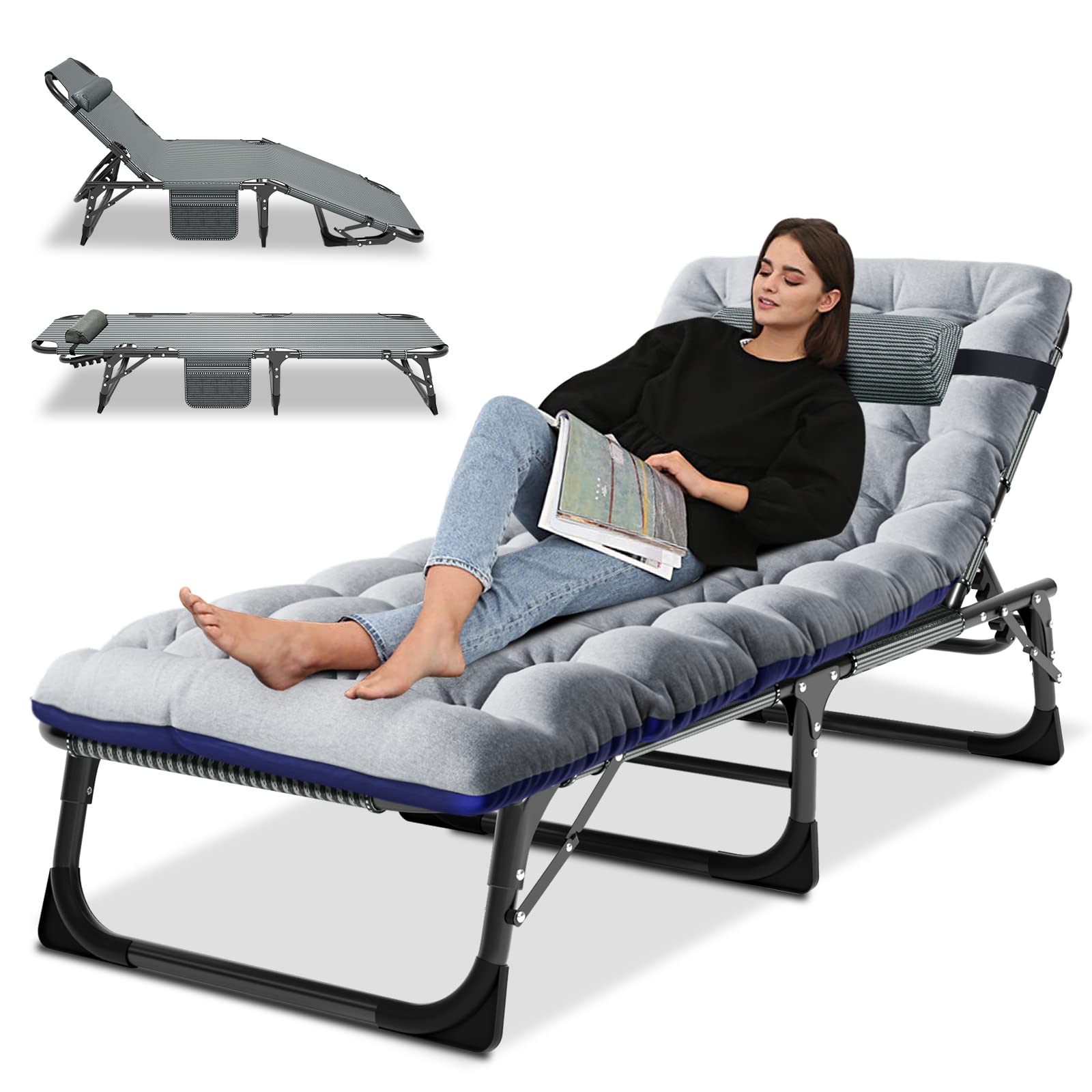 LILYPELLE Portable Folding Camping Cot, Adjustable 4-Position Adults Reclining Chaise with Pillow, Outdoor Portable Lounge Chair