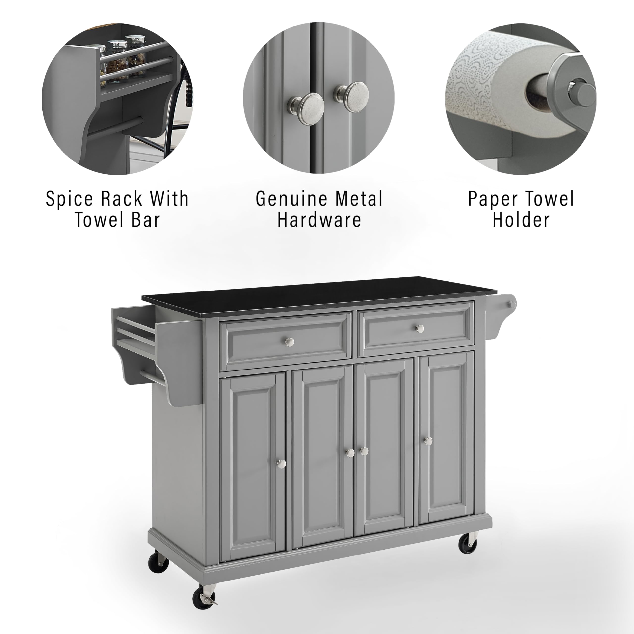 Crosley Furniture Full Size Granite Top Rolling Kitchen Island Storage Cart, Microwave Stand, Spice Rack, Gray