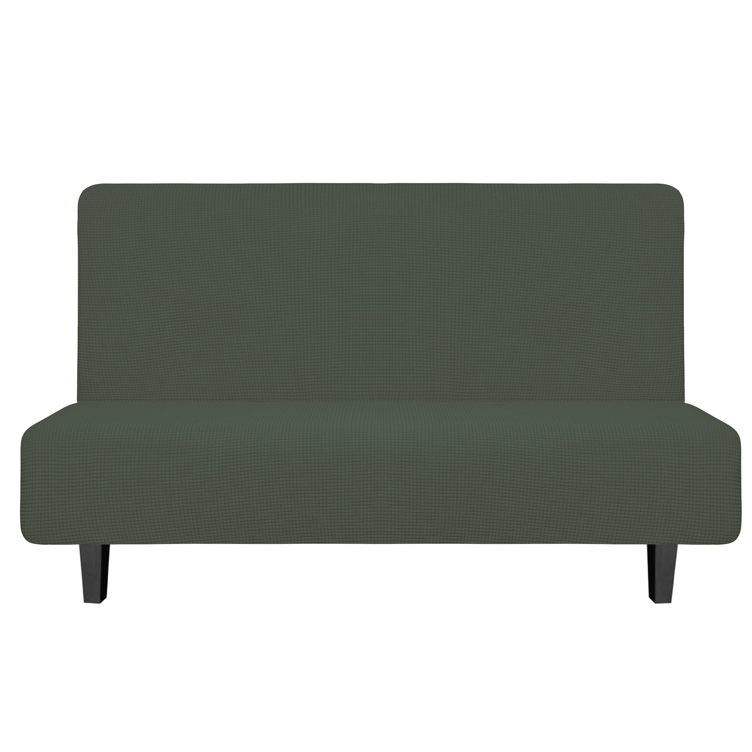 Easy-Going Stretch Futon Slipcover Armless Futon Bed Cover Furniture Protector Without Armrests With Elastic Bottom For Kids, Soft Jacquard Fabric Small Checks (Medium, Olive Green)