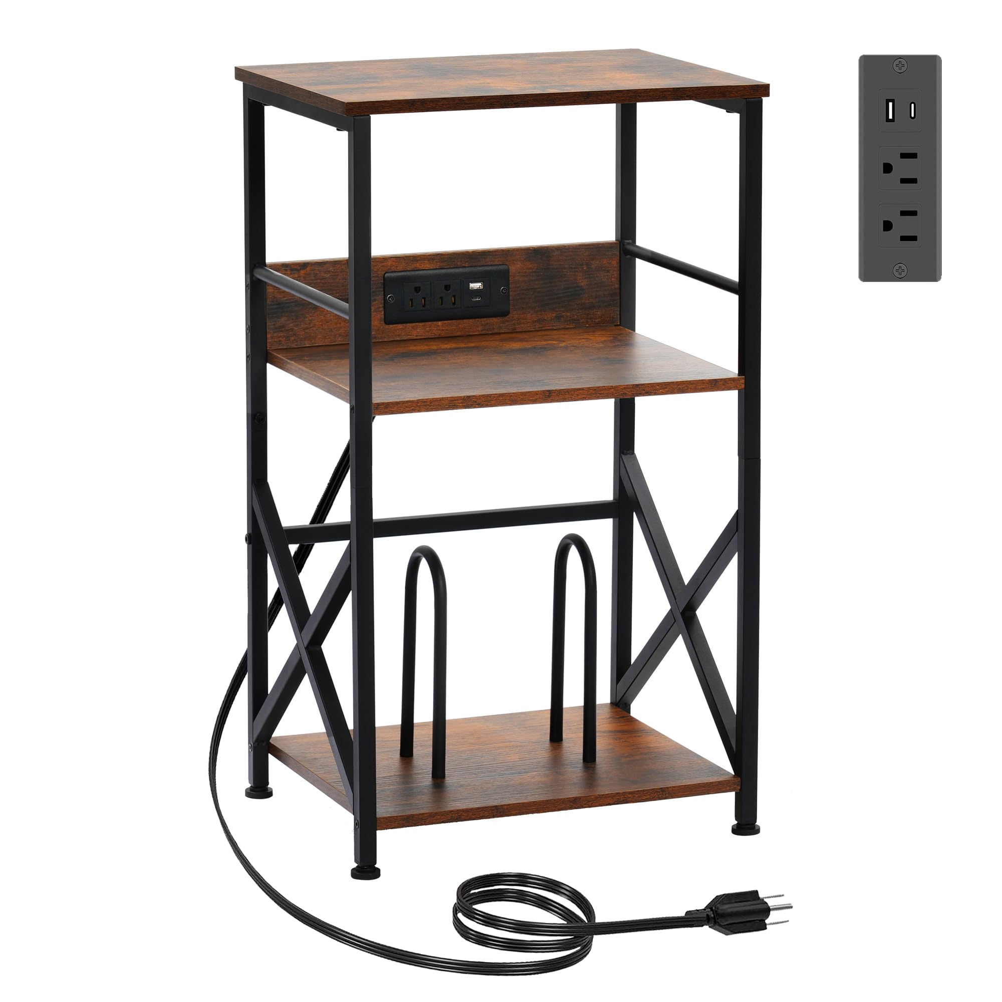 DALEMHOME Record Player Stand, 3-Tier Side Table with Charging Station, Turntable Stand for Vinyl, End Table for Living Room, Be