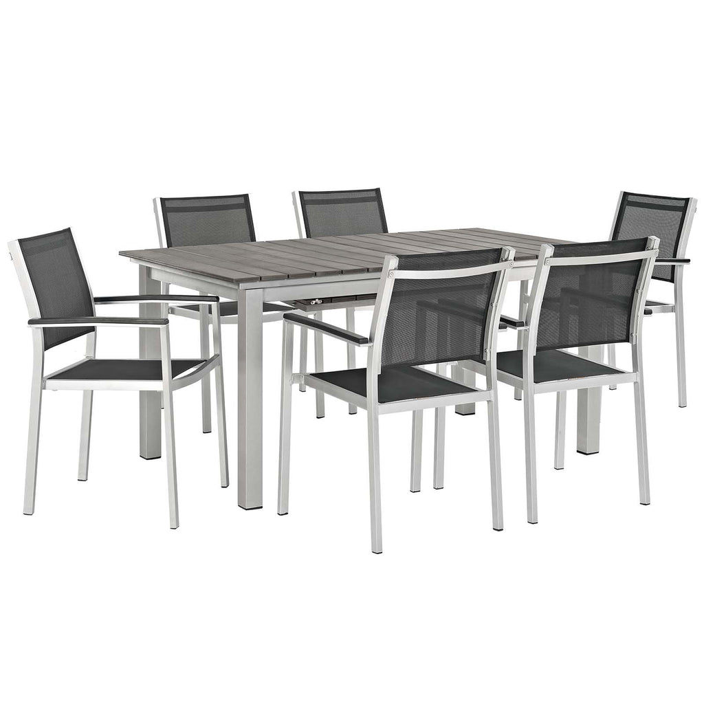 Modway Shore 7-Piece Aluminum Outdoor Patio Furniture Dining Set With Extendable 62 To 94 Inch Dining Table And Six Dining Arm Chairs In Silver Black