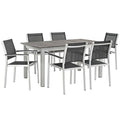 Modway Shore 7-Piece Aluminum Outdoor Patio Furniture Dining Set With Extendable 62 To 94 Inch Dining Table And Six Dining Arm Chairs In Silver Black