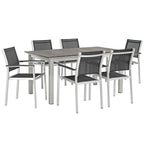 Modway Shore 7-Piece Aluminum Outdoor Patio Furniture Dining Set With Extendable 62 To 94 Inch Dining Table And Six Dining Arm Chairs In Silver Black