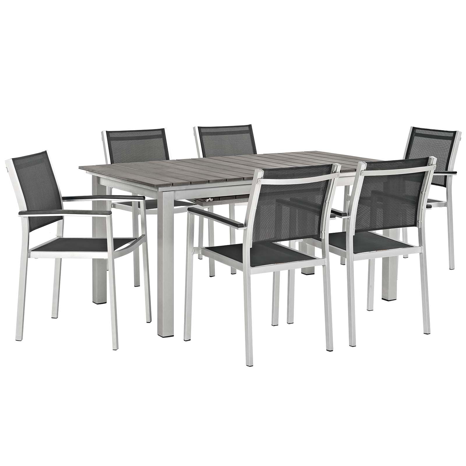 Modway Shore 7-Piece Aluminum Outdoor Patio Furniture Dining Set With Extendable 62 To 94 Inch Dining Table And Six Dining Arm Chairs In Silver Black