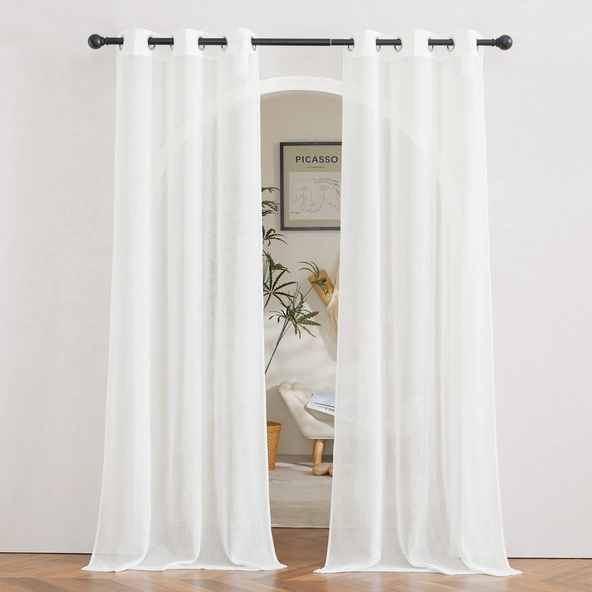 Nicetown Living Room Ivory Curtains 84 Inch Long, Grommet Linen Blend Semi-Sheer Window Drapes Privacy With Light Filtering For