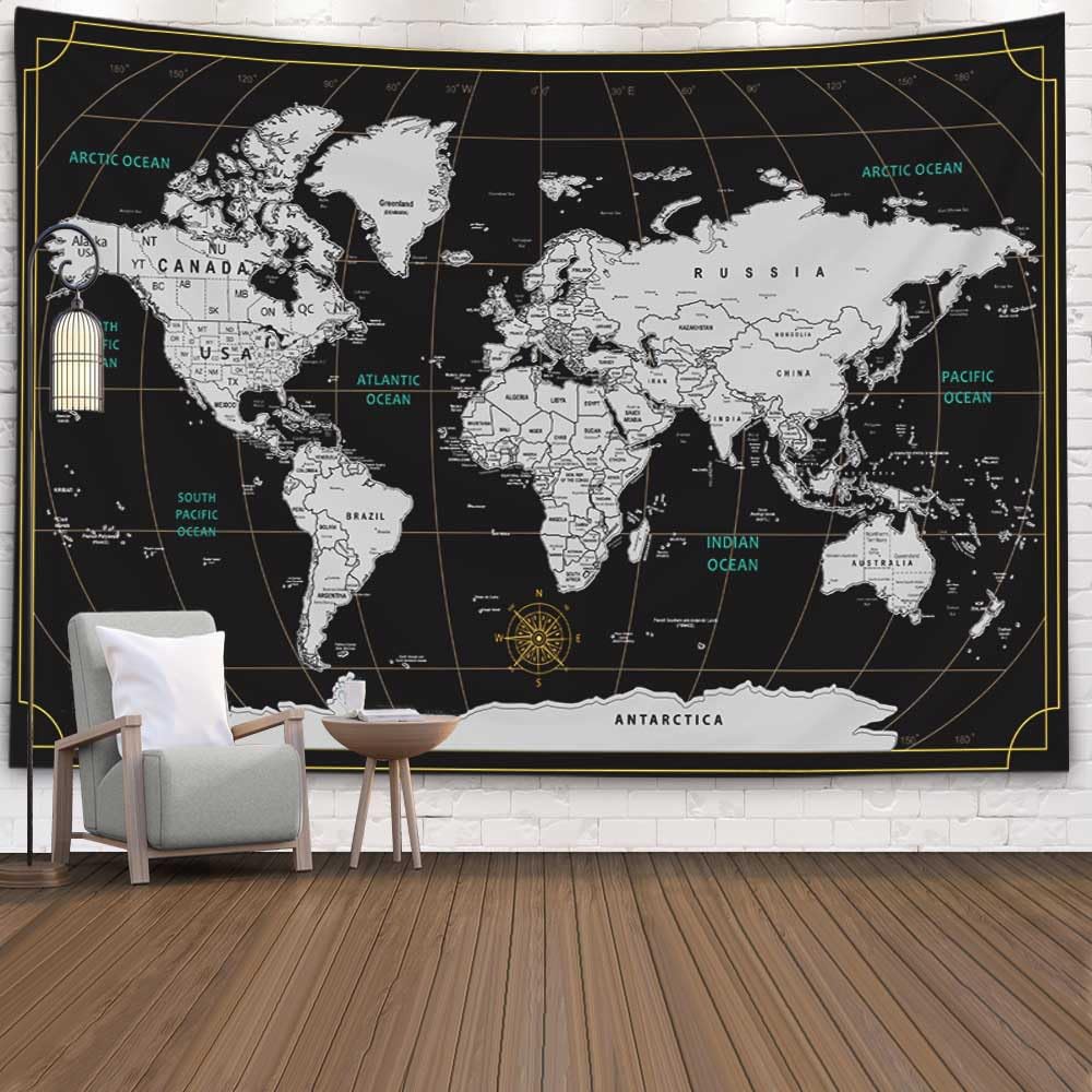 CAPSCEOLL World Map Tapestry Wall Hanging Black White Tapestry Home D  cor for Home 40X30 Inch Map for kids Room Wall Art