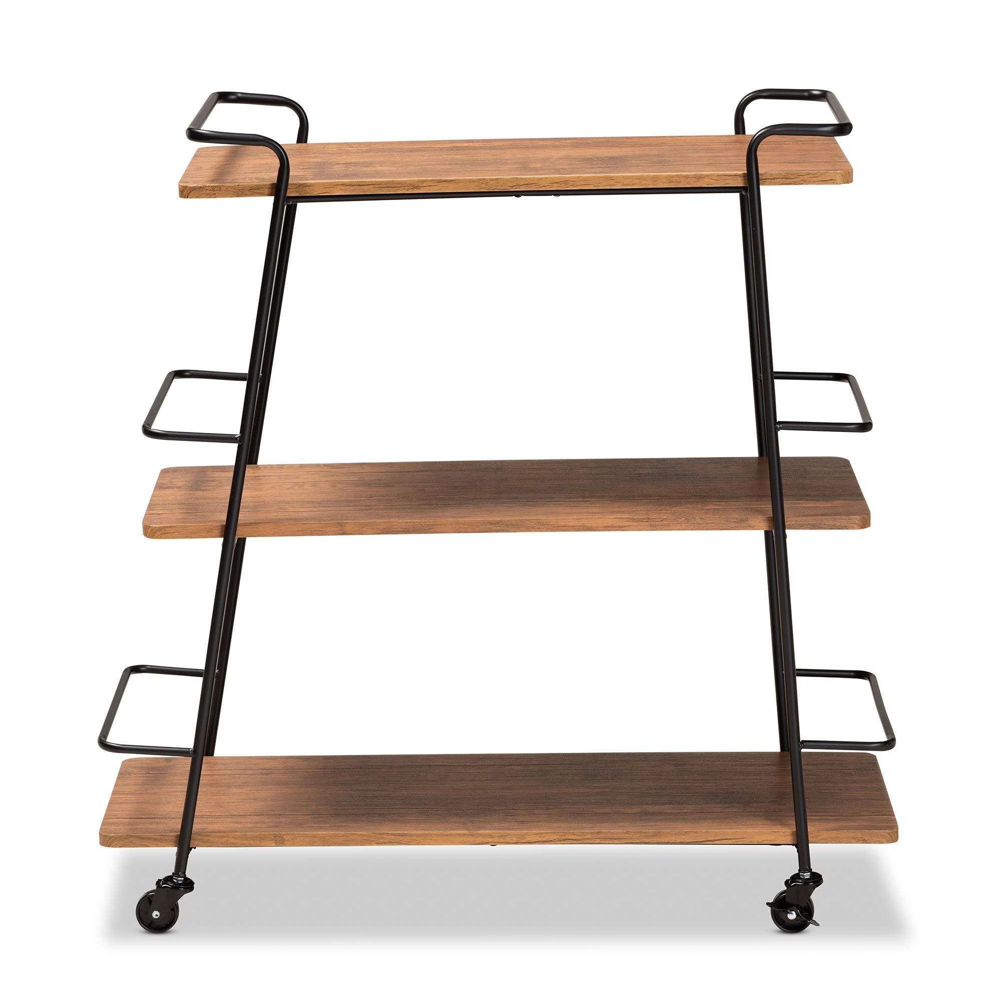 Baxton Studio Bernard Rustic Industrial Black Metal and Walnut Finishe Wood 3-Tier Mobile Wine Bar Cart