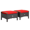 Tangkula 2 Piece Patio Rattan Ottomans, Outdoor Wicker Footstool W/Acacia Wood Handles, Soft Zippered Cushions, 3-In-1 Function Footstool Seat & Side Table For Backyard, Balcony, Poolside (Red)
