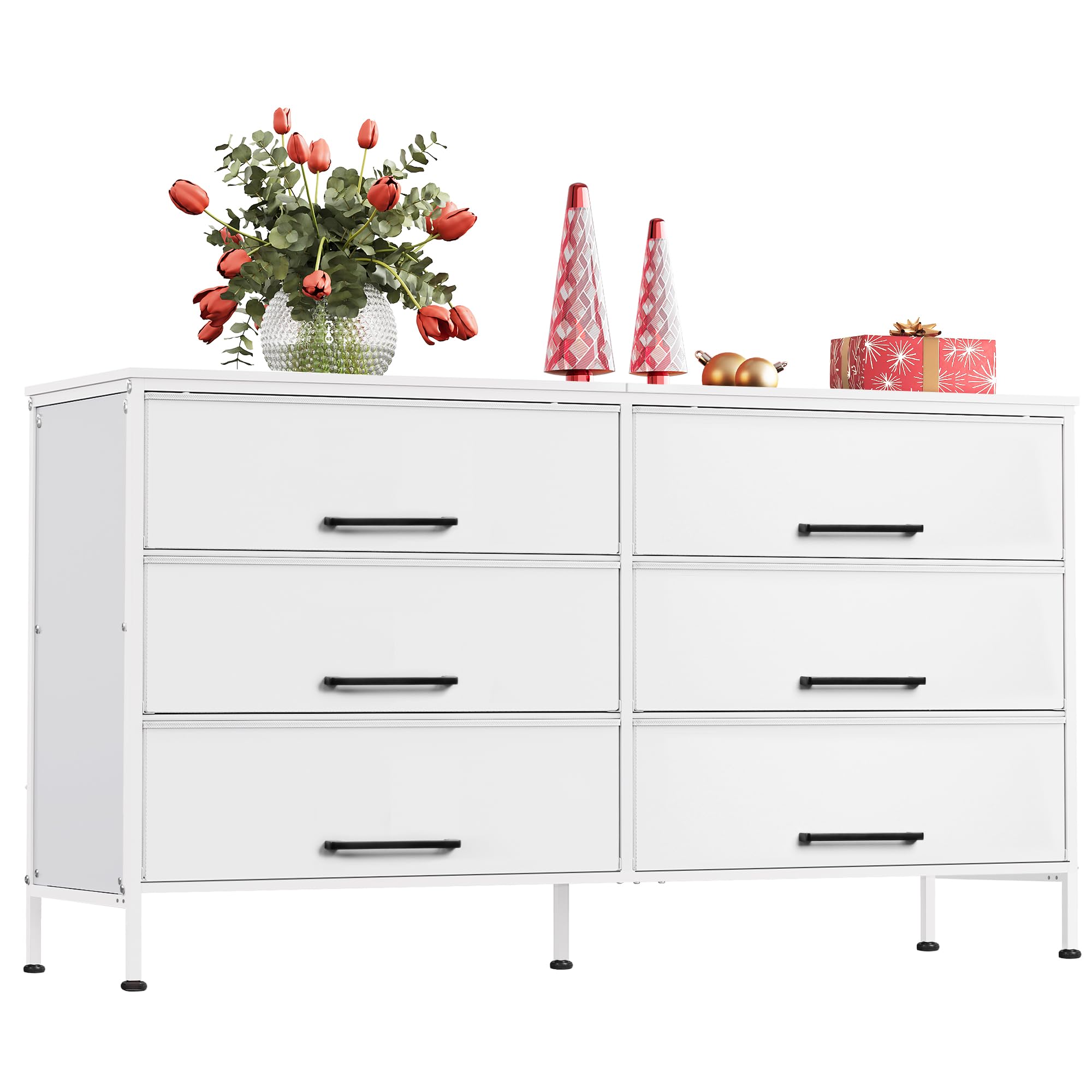 Wlive Wide Fabric Dresser, 6 Drawer Dresser Tv Stand For 68' Tv, Dressers Bedroom Furniture Large Storage Tower Unit With Fabric Bins, White Dresser For Bedroom, Closet, Hallway, White
