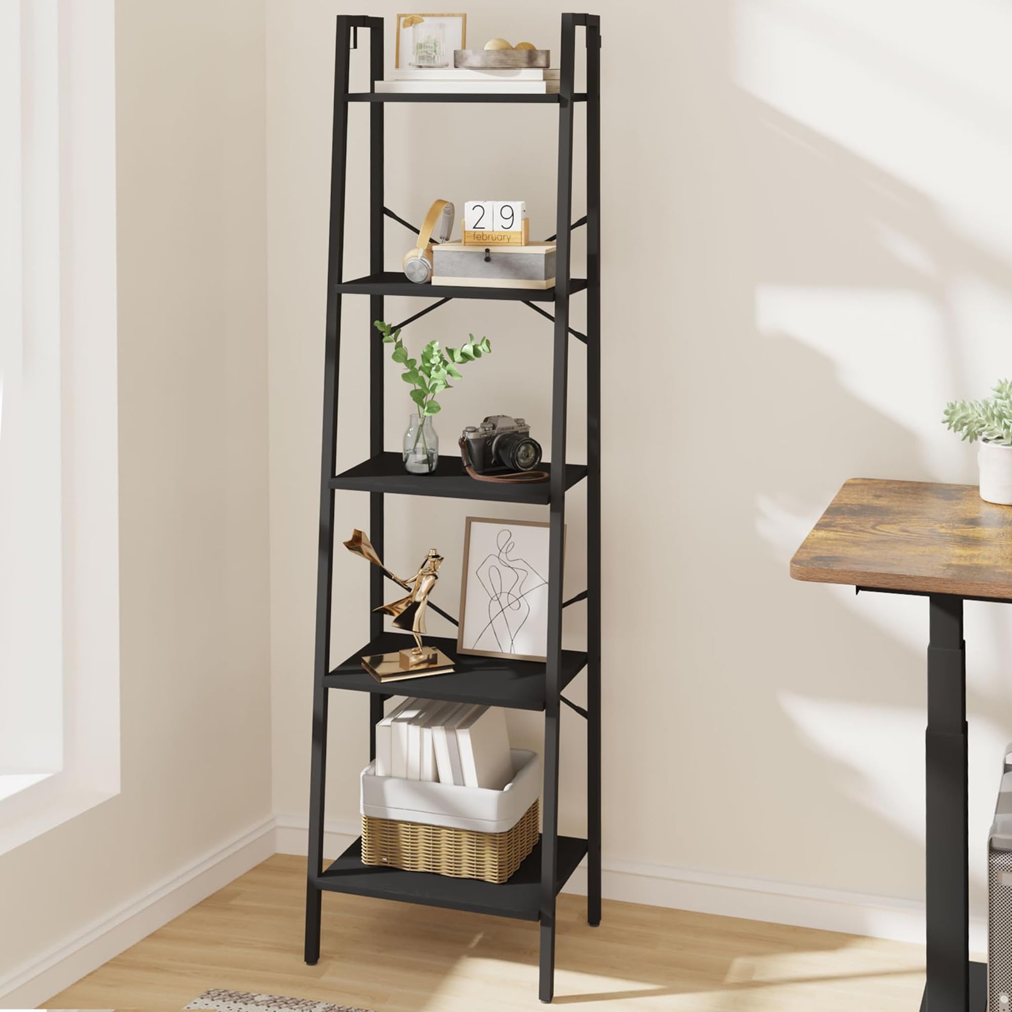 Hzuaneri Ladder Shelf, Bookshelf Bookcase, Freestanding Corner Storage Shelve With 2 Hooks For Home Office, Living Room, Kitchen, Bedroom, Industrial, 5-Tier Black Bc19204B