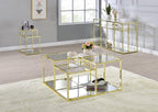 Acme Uchenna Glass Side Table with 2 Open Storage Compartments in Clear and Gold