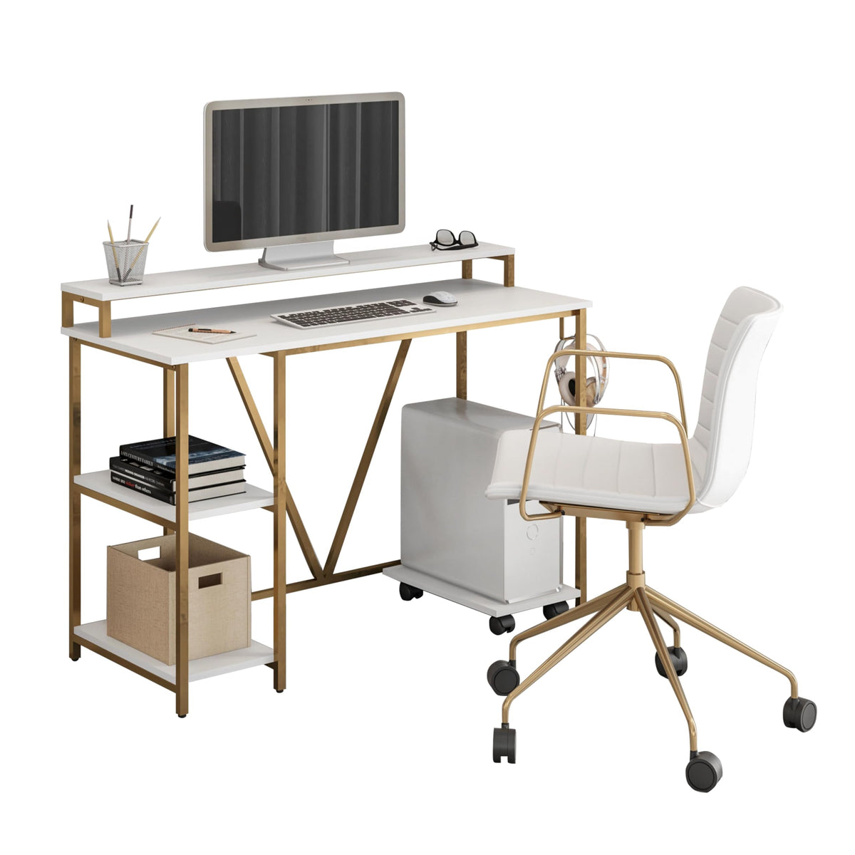 Techni Mobili Computer Desk - Industrial Writing Desk With Storage Shelves, Monitor Stand, & Accessory Holder - Home Office Laptop Computer Table With Cpu Caddy & 2-Tier Small Bookshelf Space