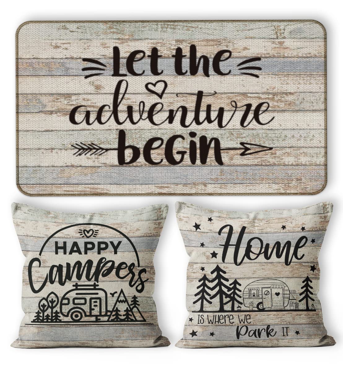 M-Qizi Camper Decor 3 Pieces Set - 1 Rv Door Mat 2 Camper Pillows Cover, 30'X17' Rv Rugs For Inside, 18X18 Pillow Cover, Rv Gi