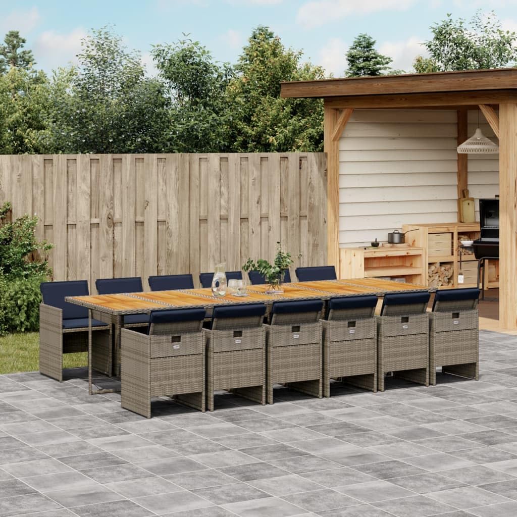 vidaXL Patio Dining Set - 13 Piece Poly Rattan Garden Furniture with Removable Cushions, Space-Saving Design, Easy-to-Clean Acacia Wood Table, Gray/Navy Blue