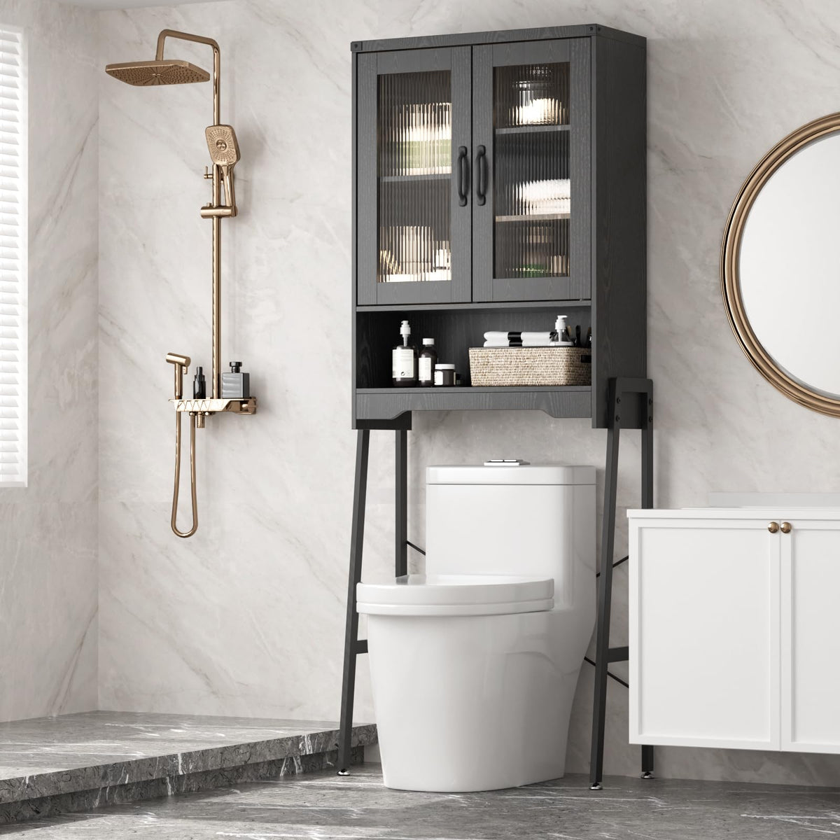 Over The Toilet Storage Cabinet With Tempered Glass Doors & Adjustable Shelf, Bathroom Organizer With Metal Stand Space Saver Ov