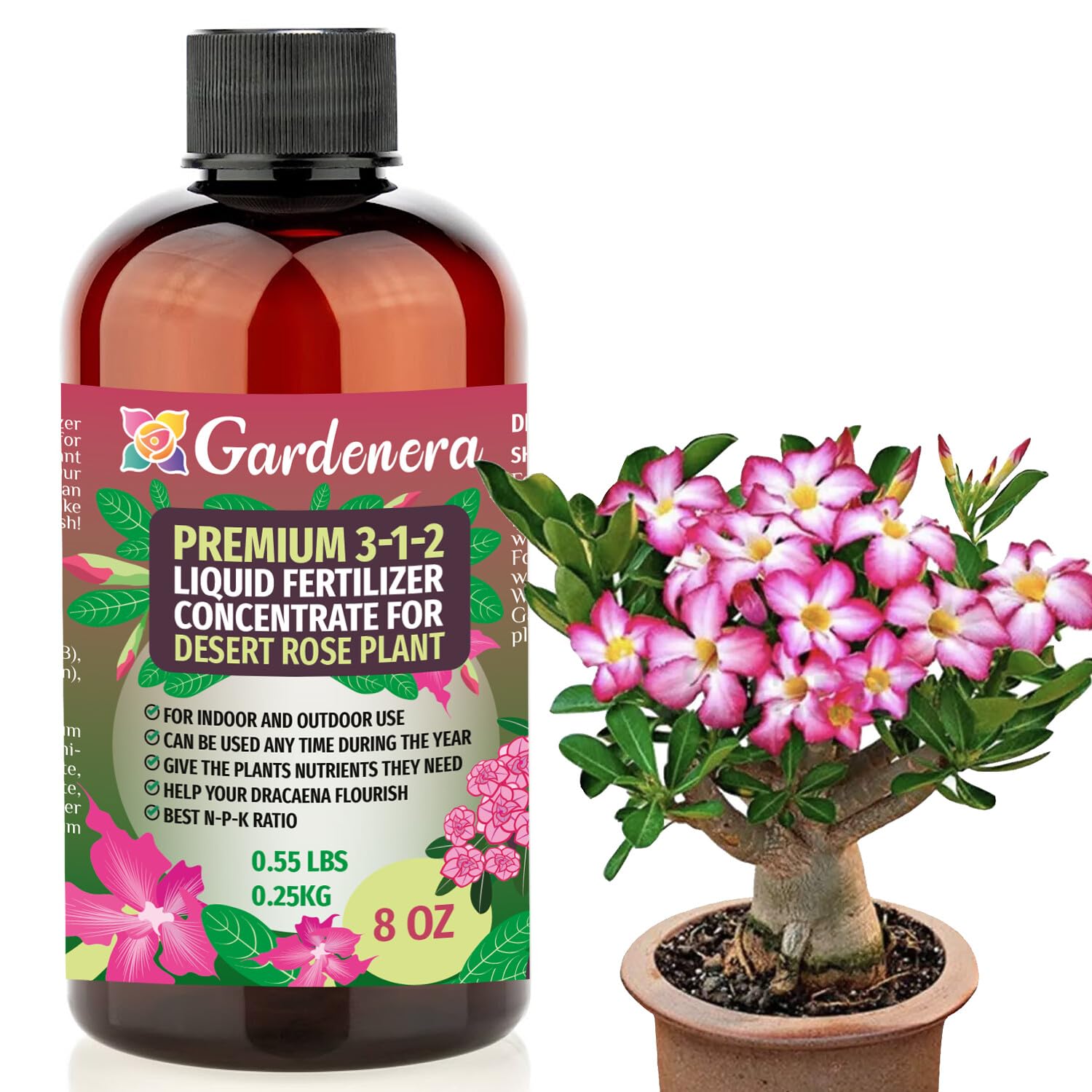 Premium Liquid Desert Rose Plant Fertilizer - 3-1-2 Concentrate For Indoor Plants And Flowers By Gardenera | Organic Plant Food