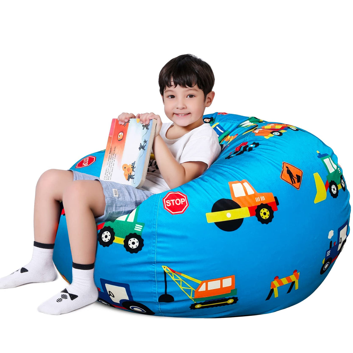 Lukeight Stuffed Animal Storage Bean Bag Chair Cover For Kids, Construction Zipper Beanbag Chair Cover For Organizing Toddler & Kids' Rooms Plush Toys (Construction Velvet, Xx-Large)