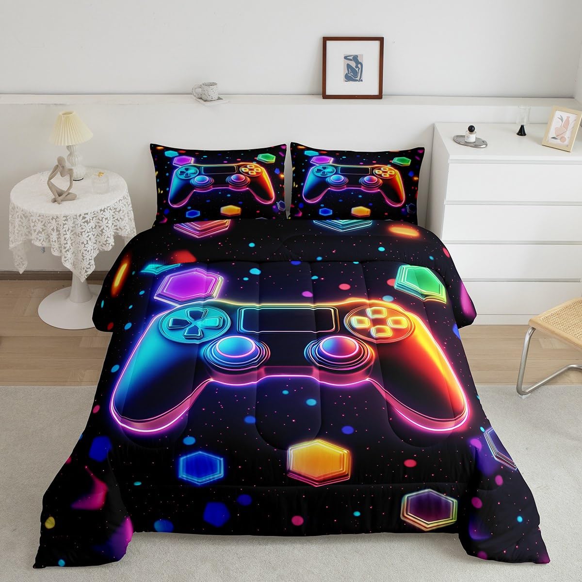 Gamepad Bedding Set Kids Comforter Sets King,Boys Gamer Gaming Themed Bedding Comforter Sets,Cool Game Controller Quilt Sets For