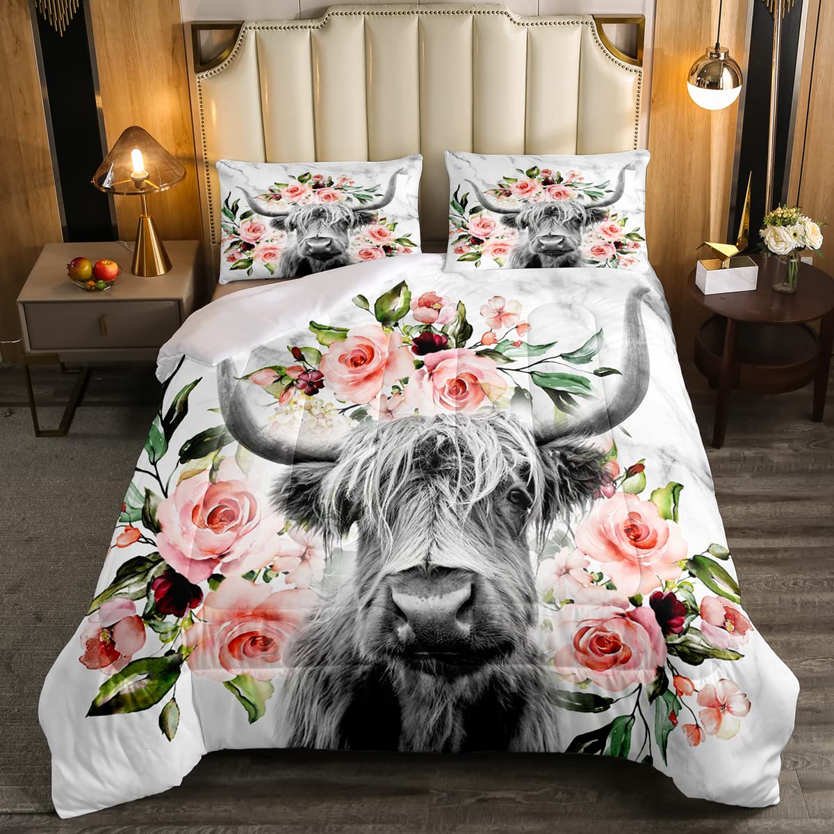 Erosebridal Highland Cow Flower Comforter Set Full Size Bull Cattle Western Funny Animal Bedding Set Wildlife Farmhouse Cow Quil