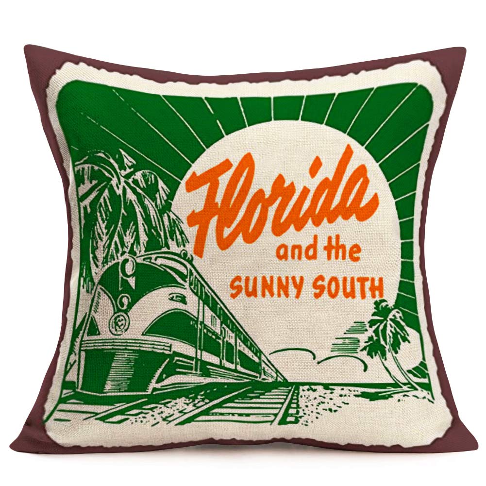 Hopyeer Rustic Farmhouse Throw Pillow Covers Decor Vintage Train With Summer Florida And The Sunny South Quote Pattern Cotton Li
