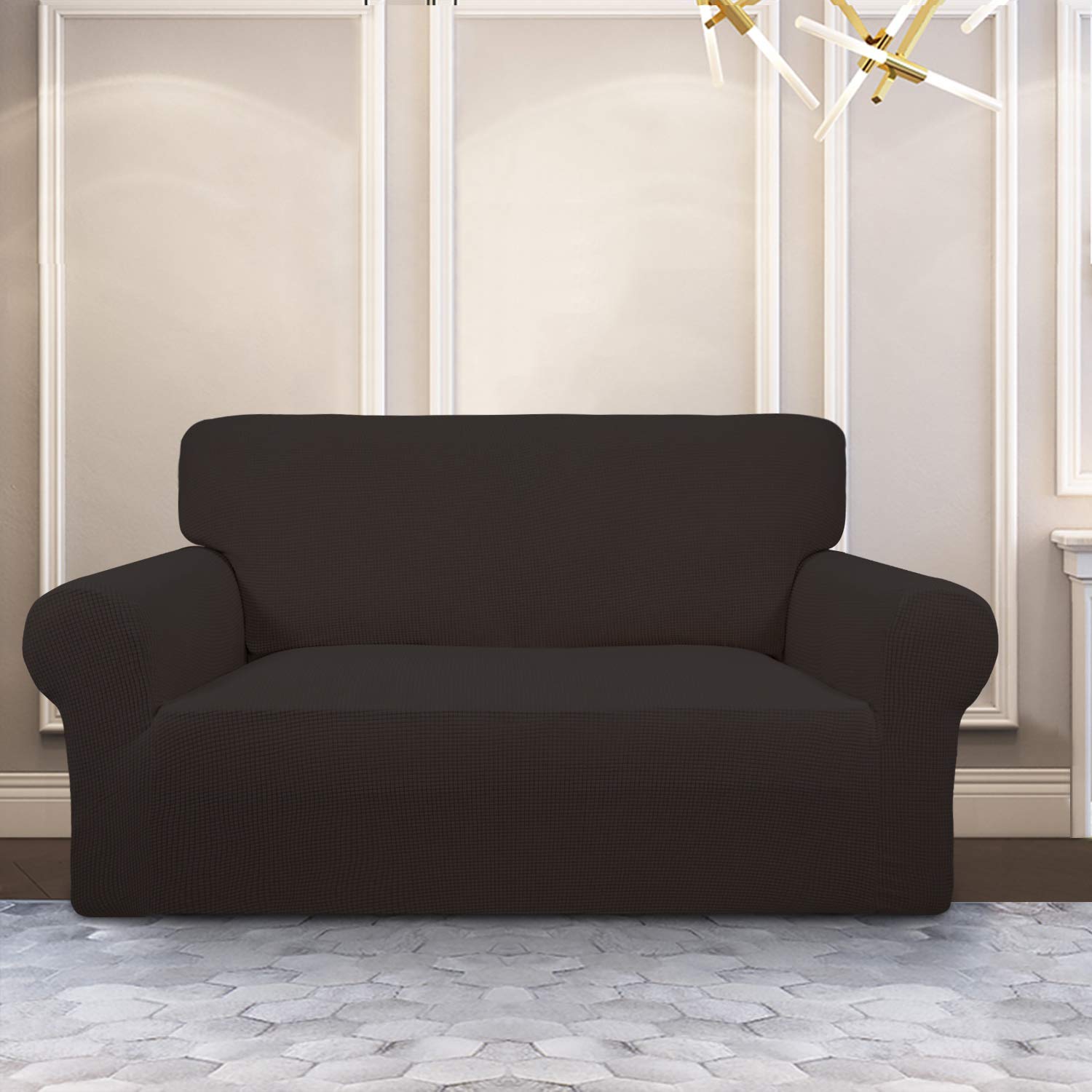 Purefit Stretch Loveseat Sofa Slipcover – Spandex Jacquard Non Slip Soft Couch Sofa Cover, Washable Furniture Protector With Non Skid Foam And Elastic Bottom For Kids (Loveseat, Chocolate)