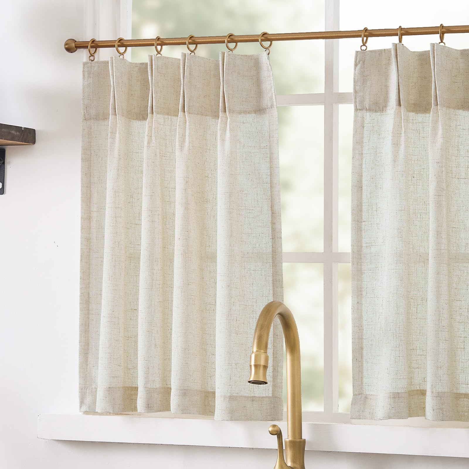 jinchan Linen Pinch Pleated Kitchen Curtain 24 Inch 2 Panels, Natural Linen Tier Curtains Back Tab Beige Farmhouse Cafe Curtain,