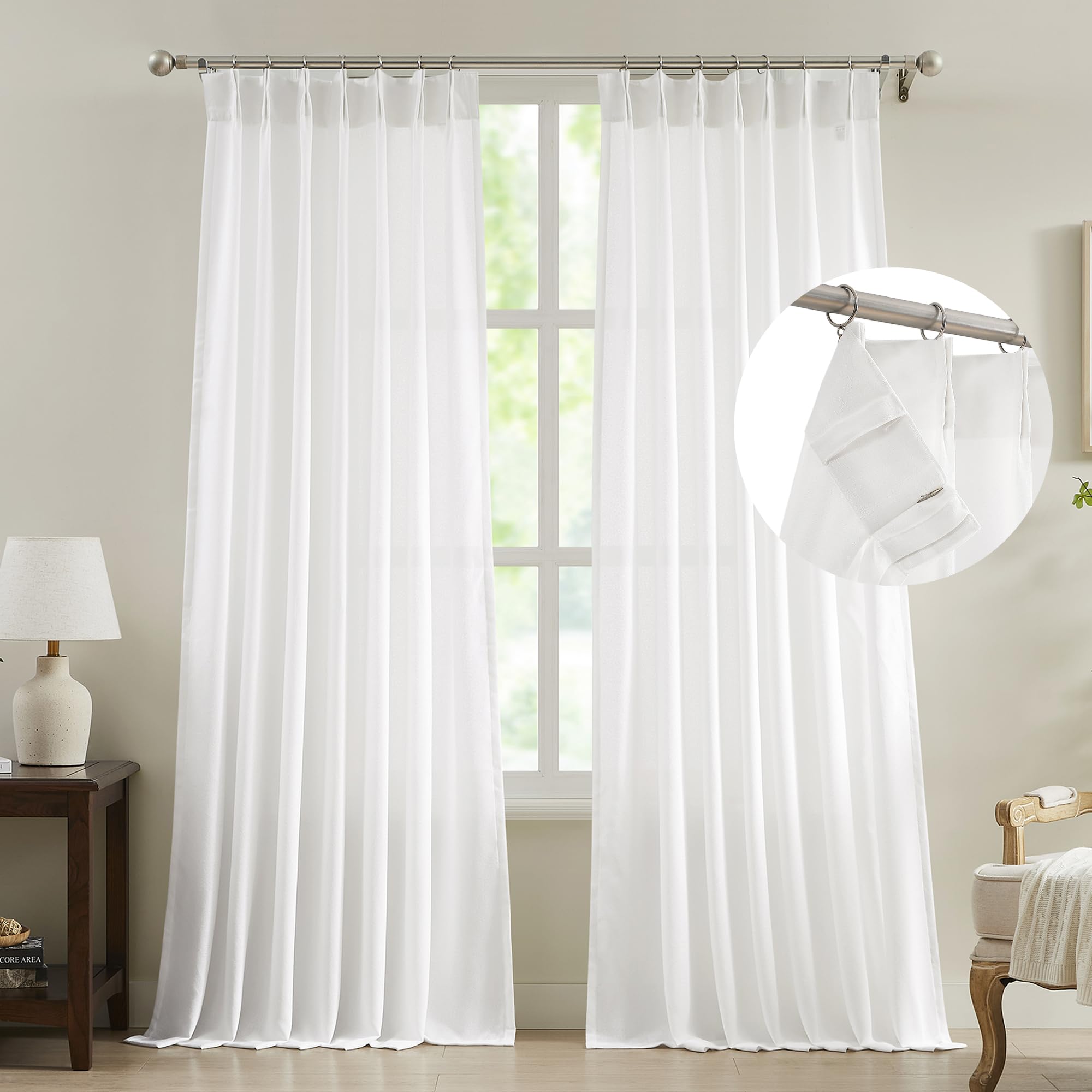 Fmfunctex Linen Pinch Pleated Curtains 84 Inches Long For Living Room, White Semi Sheer Pleat Drapes For Bedroom With Hooks, Lig